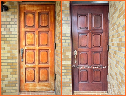 木製玄関ドア塗装、ウレタン施工仕上げ、埼玉県