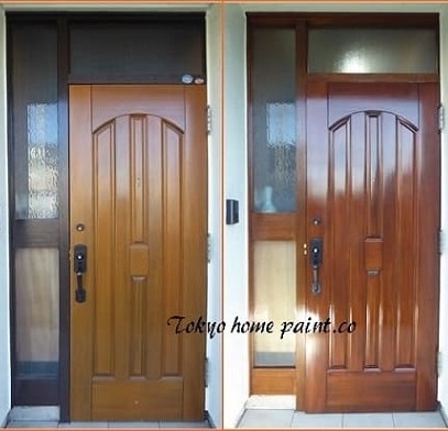 木製玄関ドア塗装　所沢・工事前と仕上げ比較